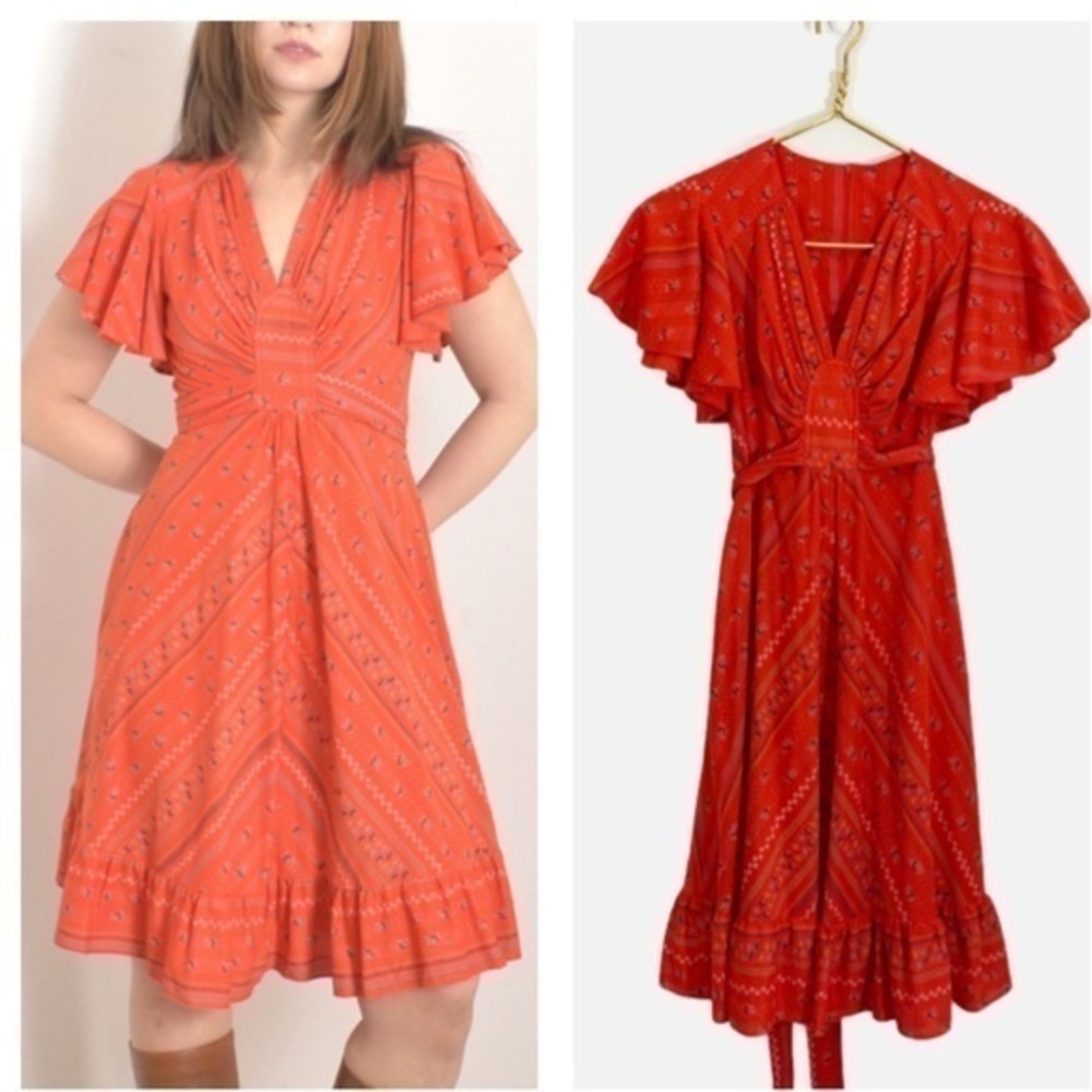 Vintage 1970s Jody‎ T of California Red Floral Flutter Sleeve Belted Dress